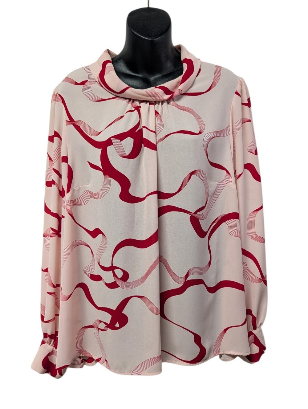 Liz Claiborne Womens 0X Plus Pink Red Abstract Tie Neck Long Sleeve Blouse